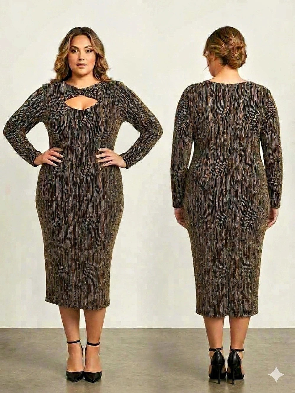 Absolutely Famous Long Sleeve Midi Dress in Black & Gold NWT